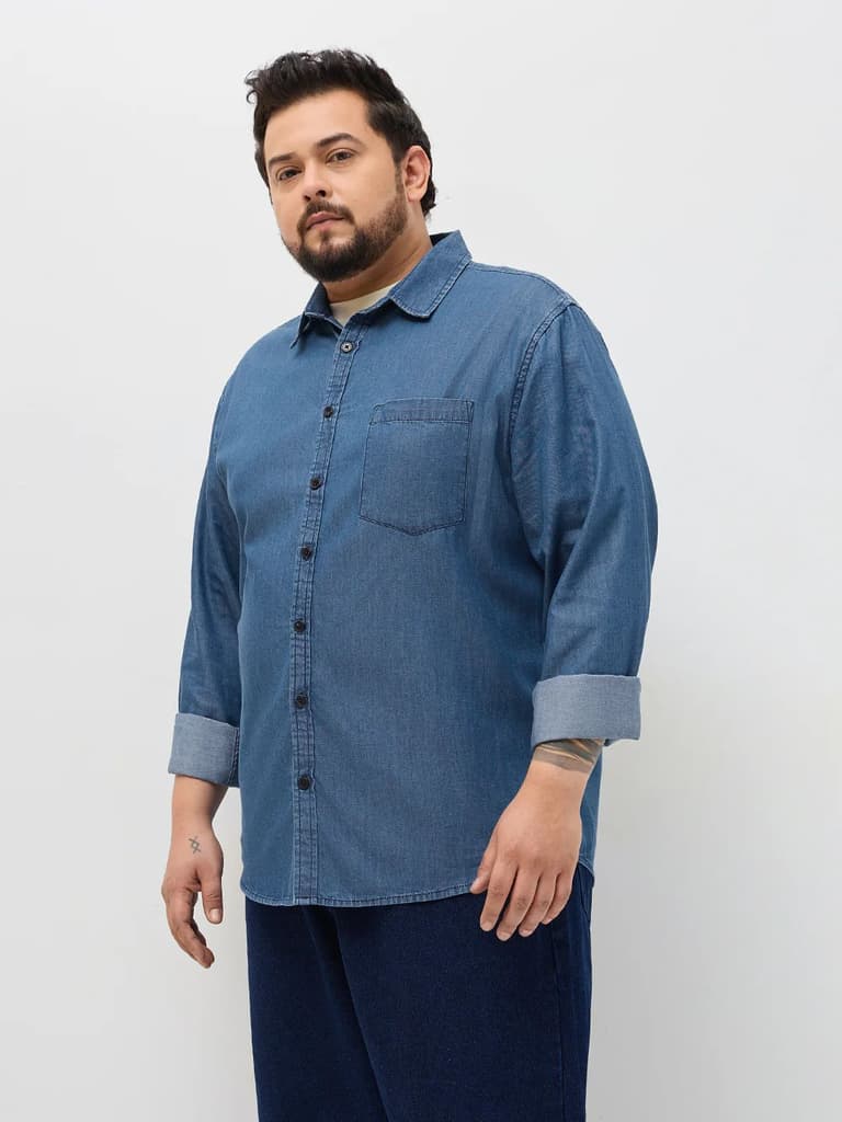 Plus Men's Blue Regular Fit Full Sleeve Solid Denim Shirt — photo 2