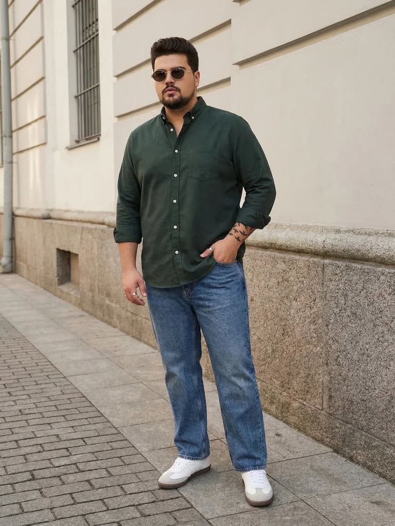 Plus Men's Dark Green Cotton Full Sleeve Regular Fit Solid Oxford Shirt With Button-Down Collar — photo 4