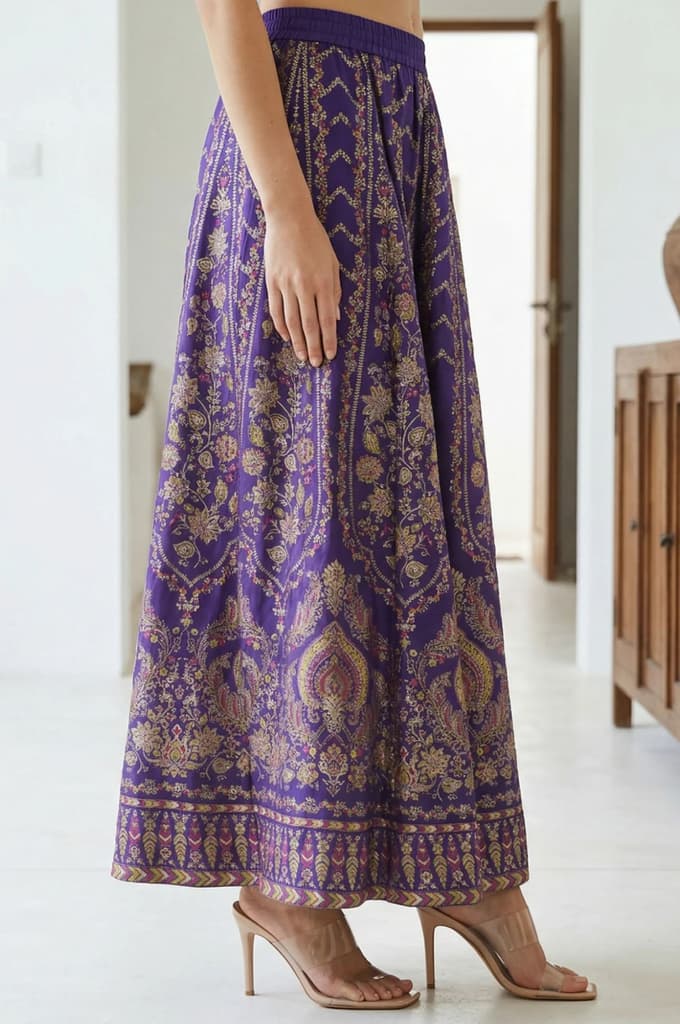 Purple Ethnic Motifs Crepe Wide Leg Ankle Length Skirt — photo 5