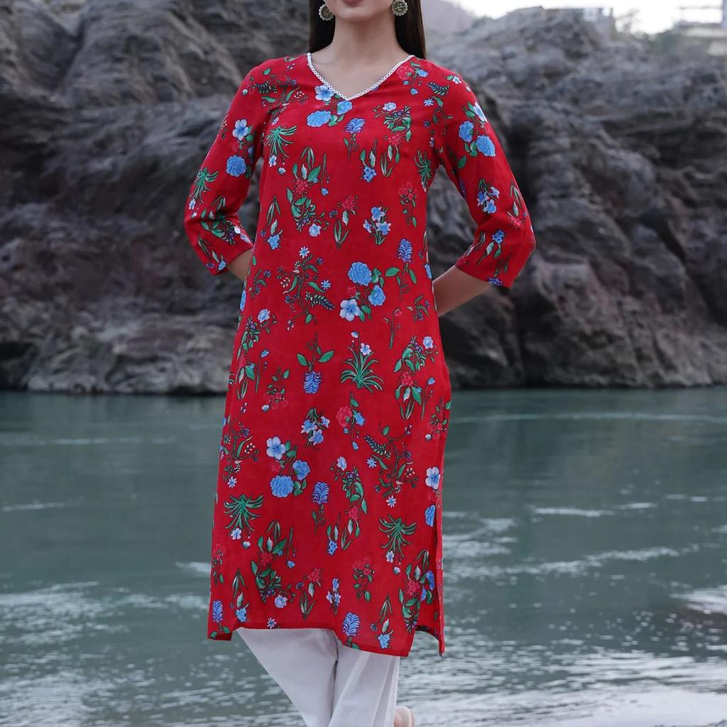Red Bold Floral Printed Modal Straight Kurta