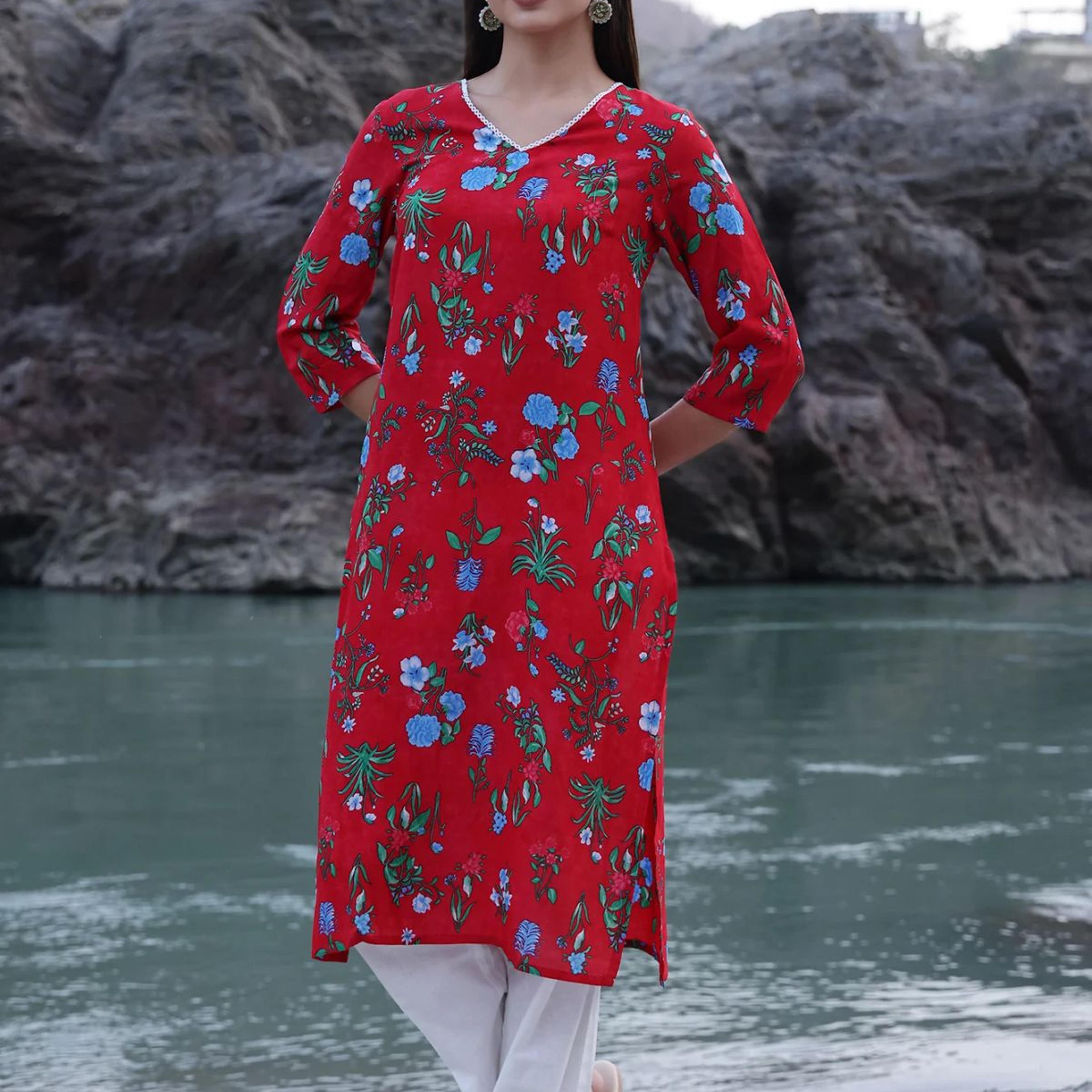Red Bold Floral Printed Modal Straight Kurta