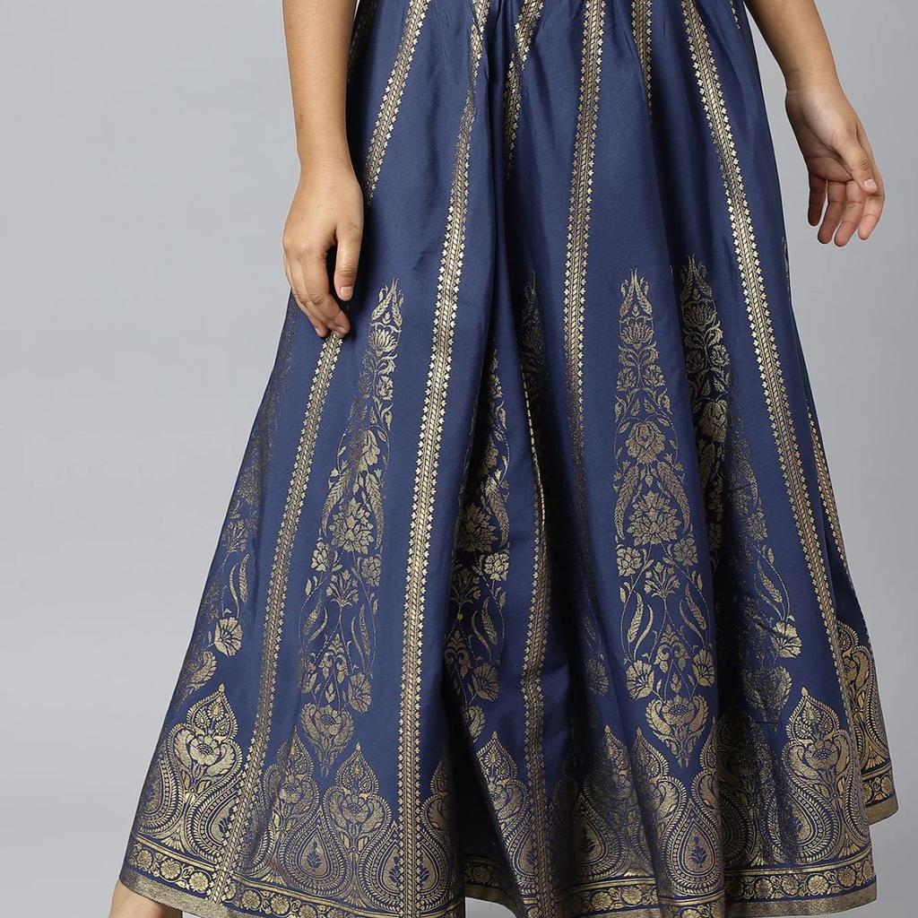 Navy Blue Floral Printed Flared Woven Skirt With Elasticated Waist
