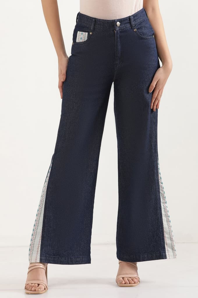 Blue Solid Flared Denim Palazzo With Printed Side Inserts — photo 2