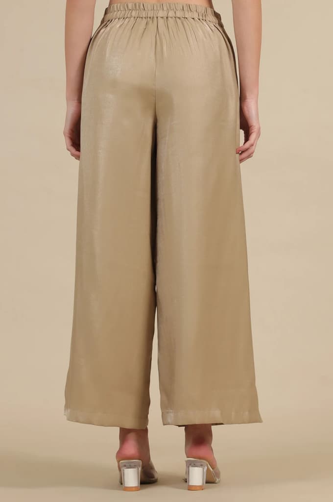 Gold Solid Flared Rayon Palazzo With Pleated Detail — photo 3