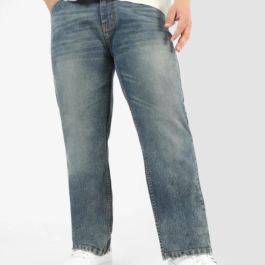 Plus Men's Blue Regular Fit Washed Jeans Stretchable
