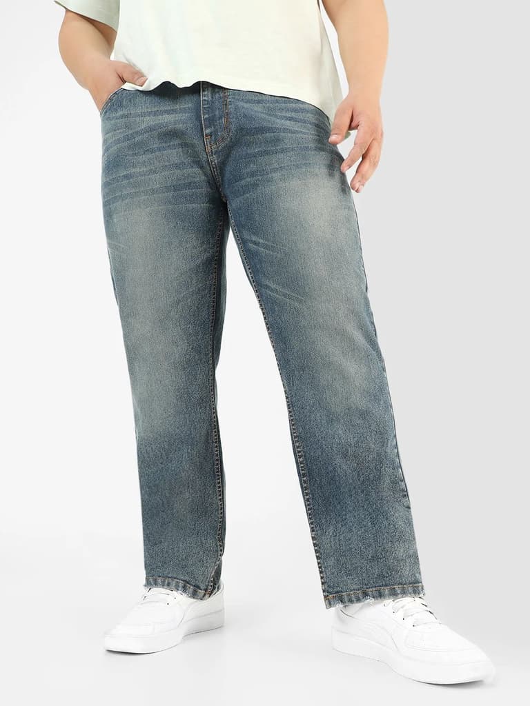 Plus Men's Blue Regular Fit Washed Jeans Stretchable — 36 / Blue