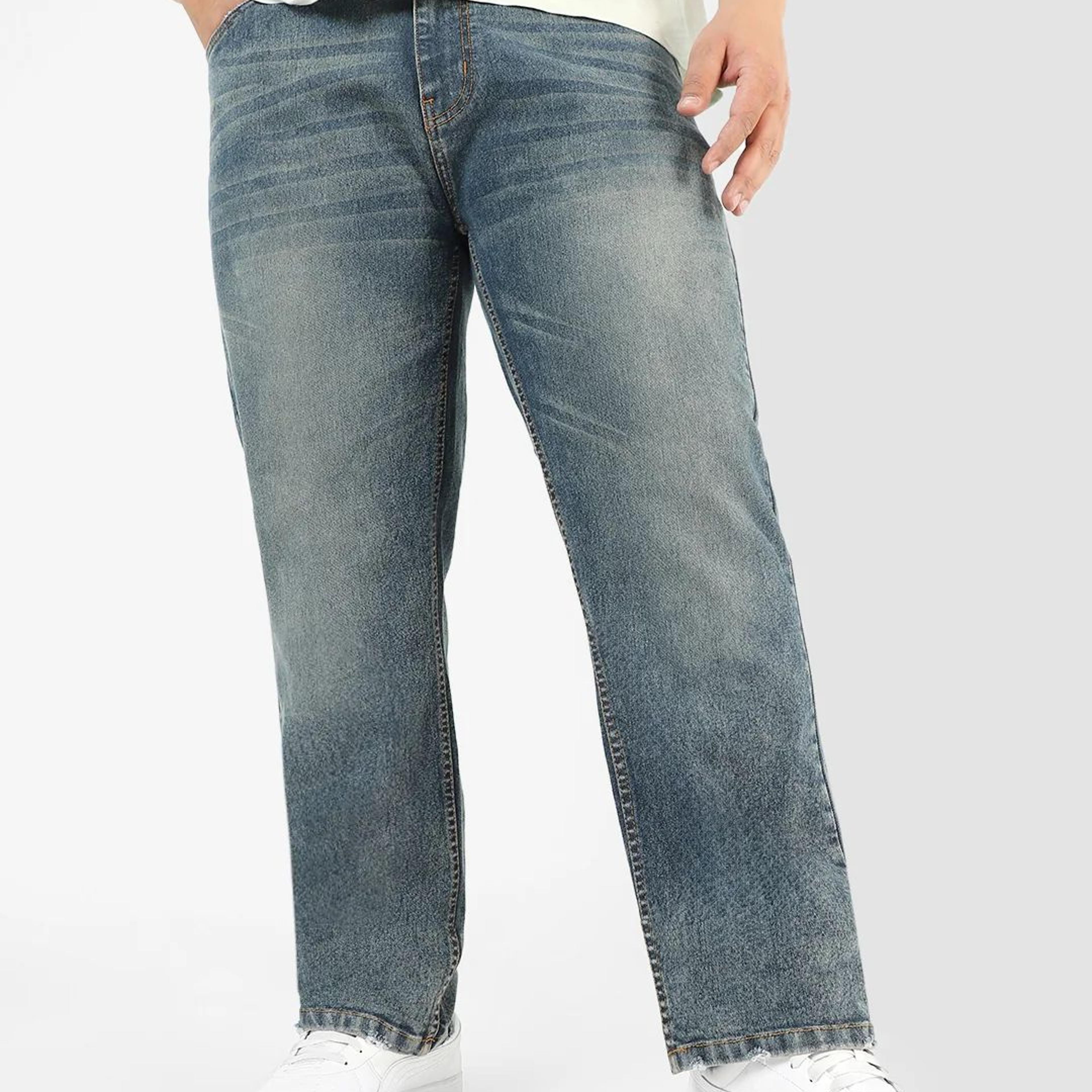 Plus Men's Blue Regular Fit Washed Jeans Stretchable