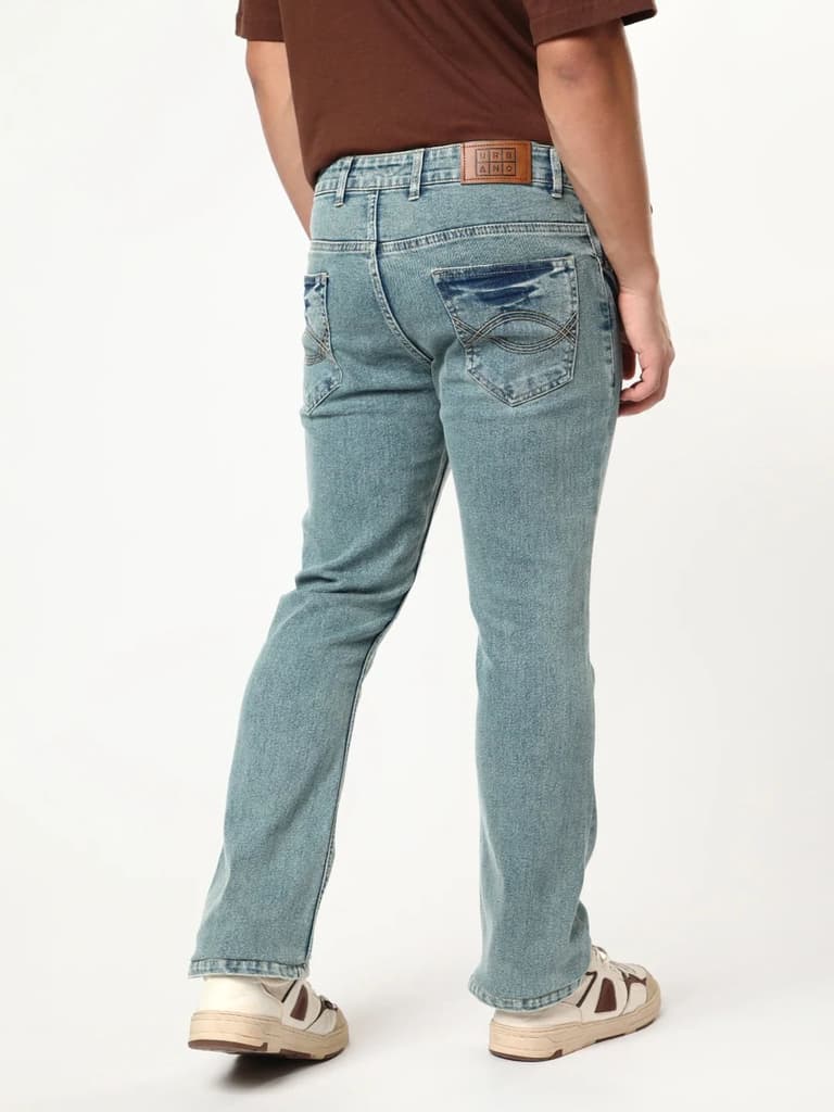 Men's Ice Blue Bootcut Fit Mid Rise Acid Wash Jeans Stretchable — photo 3