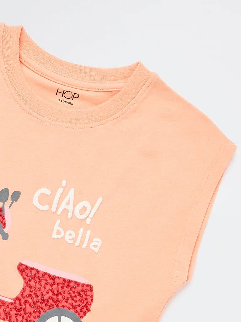 HOP Kids Girls Coral Graphic Design Cotton T-Shirt — photo 6