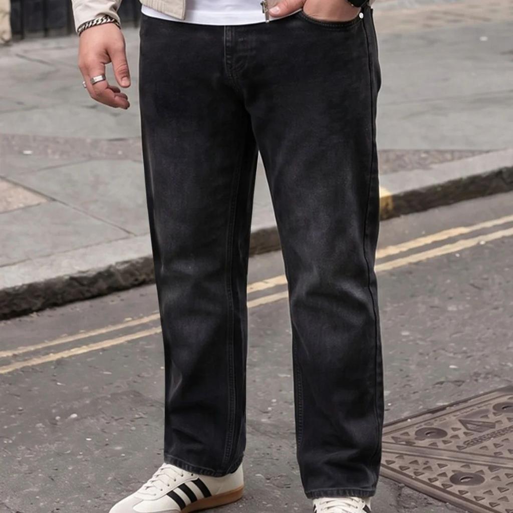 Plus Men's Black Relaxed Fit Washed Denim Jeans Non-Stretchable