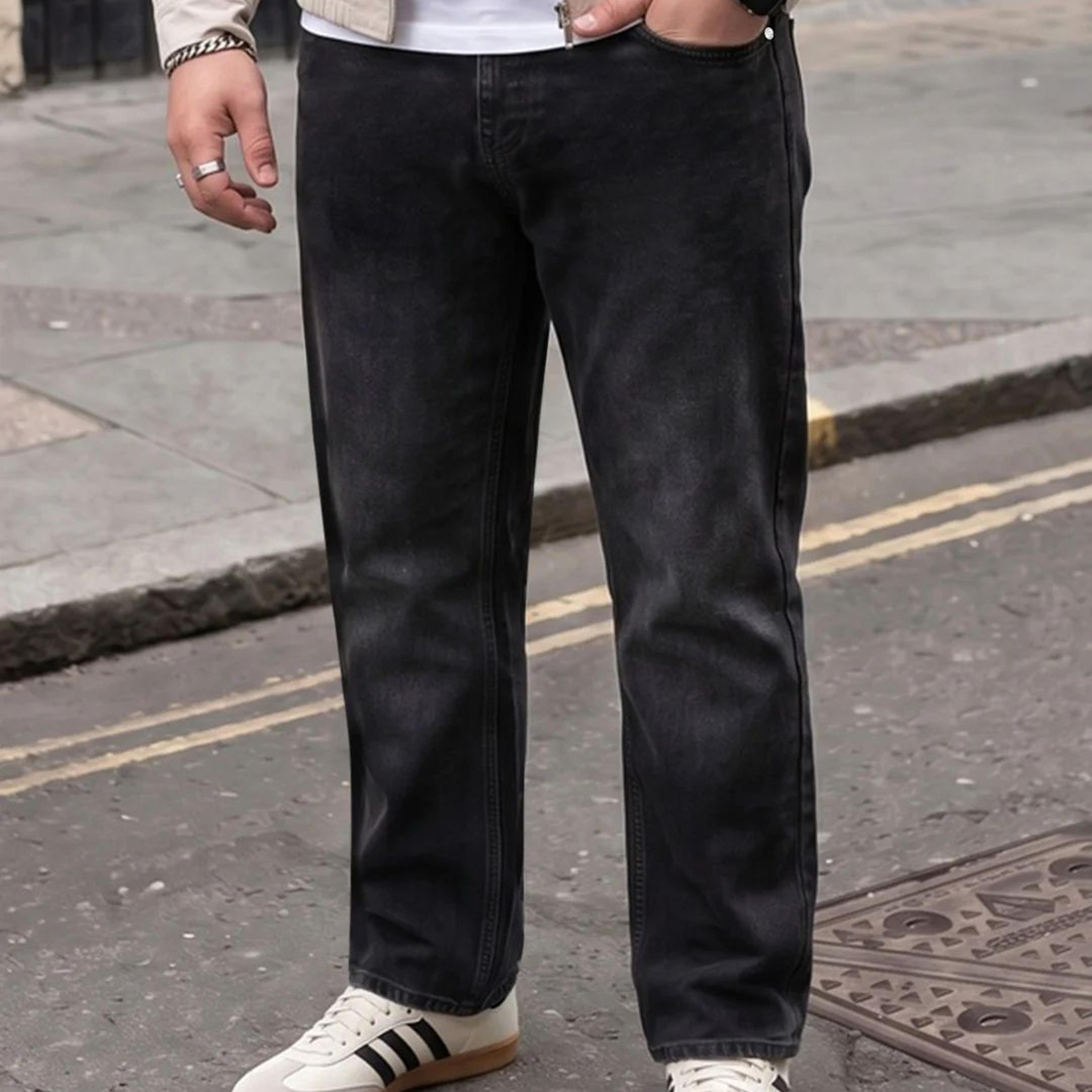 Plus Men's Black Relaxed Fit Washed Denim Jeans Non-Stretchable