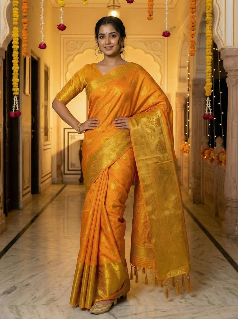MIMOSA Women's Woven Design Kanjivaram Style Art Silk Saree with Blouse Piece - Gold ( SA00003143GDFREE ) — photo 2