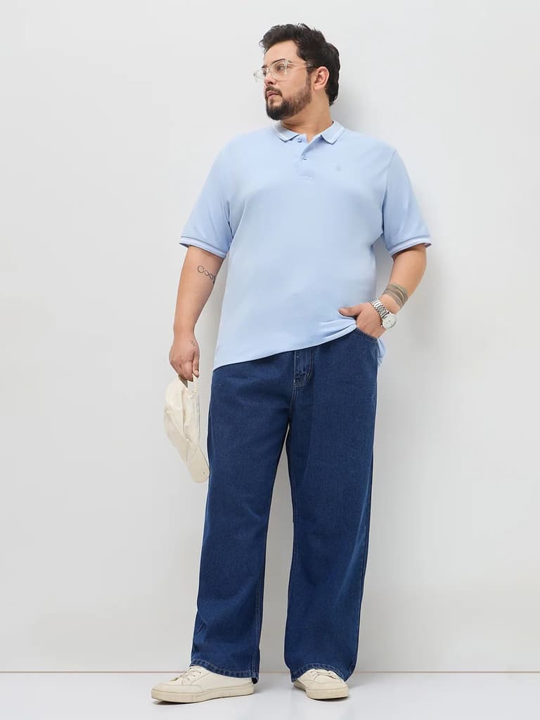 Plus Men's Blue Loose Baggy Fit Raw Washed Denim Jeans Non-Stretchable — photo 4