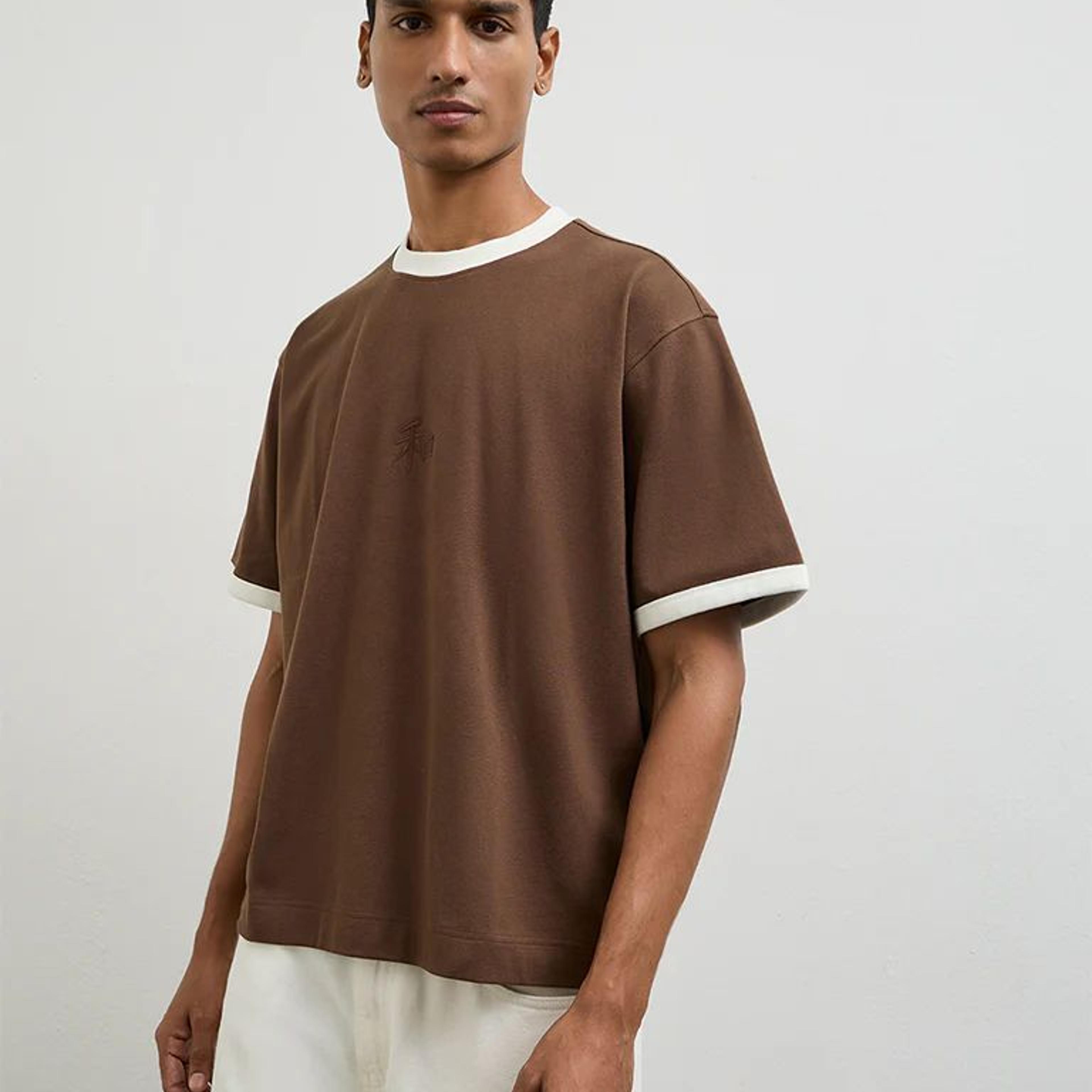 Nuon Brown Contrast Detailed Relaxed-Fit Cotton-Blend T-Shirt