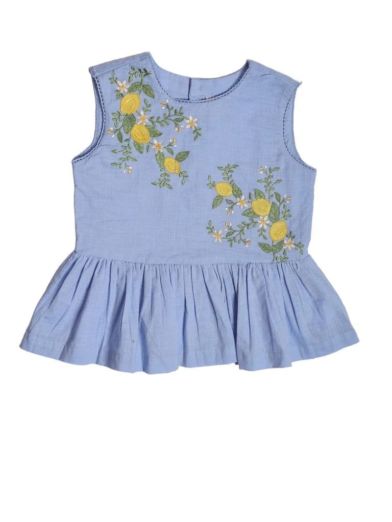 Utsa Kids Girls Blue Embroidered Cotton Peplum Top - (8-14 yrs) — photo 3