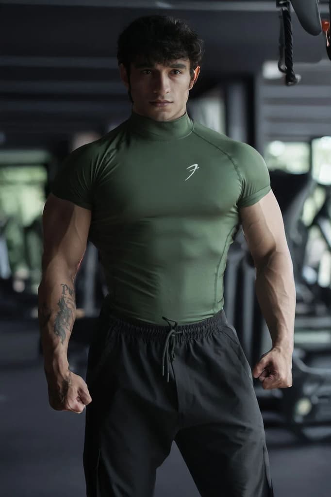 High Neck Compression T-shirt Olive — S