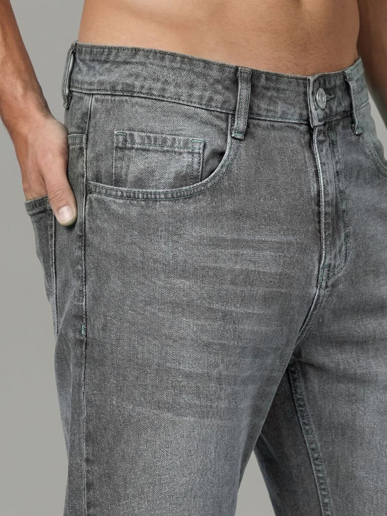 Men's Light Grey Relaxed Fit Washed Denim Jeans Non-Stretchable — photo 5