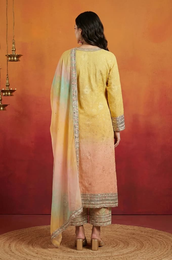 Yellow Ombre Thread Embroidered Georgette Straight Kurta with and Dupatta Set — photo 5