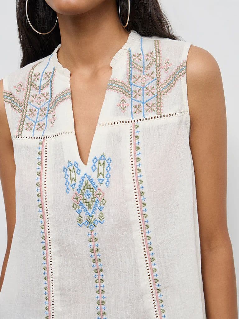 Bombay Paisley Off-White Aztec Embroidered Cotton Top — photo 3