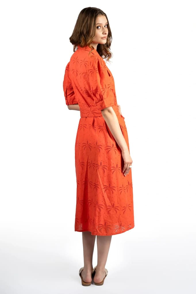 Red Solid Cotton Schiffli Puff Sleeve Midi Dress — photo 4