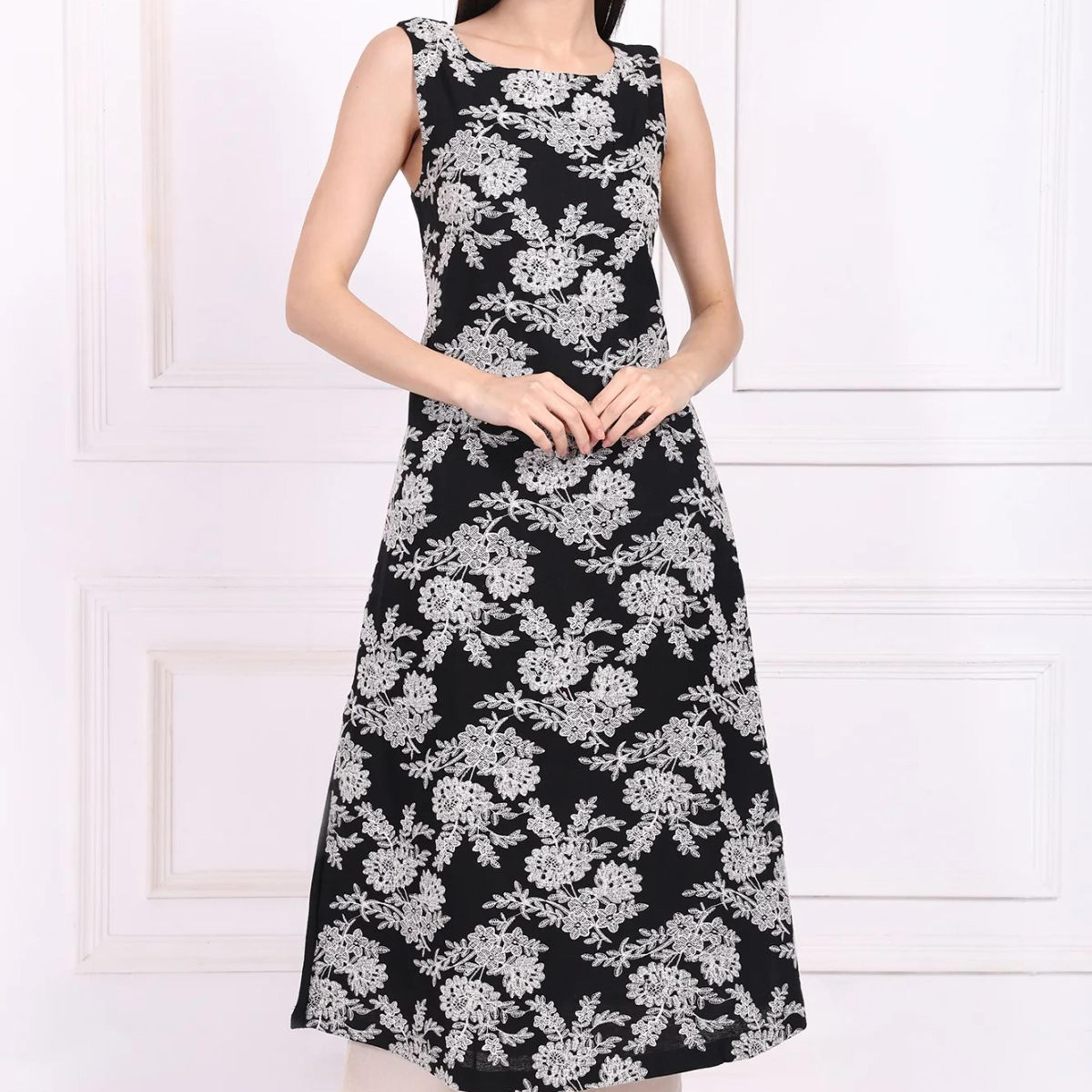 Black Embroidered A-Line Rayon Dress