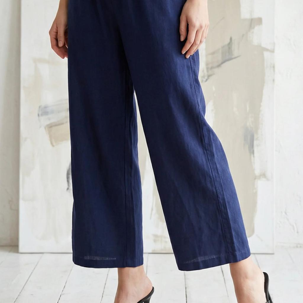 Navy Blue Cotton Flax Ankle Length Relaxed Pants