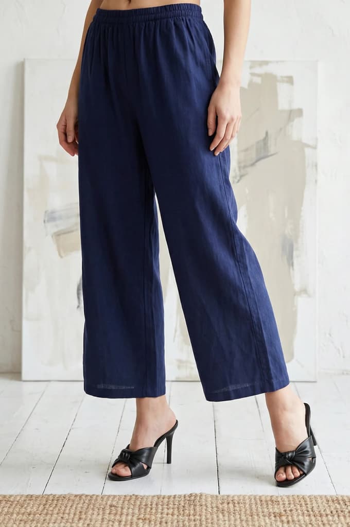 Navy Blue Cotton Flax Ankle Length Relaxed Pants — S
