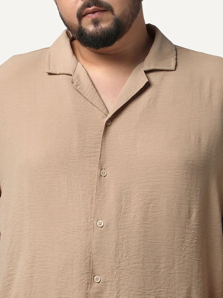 Plus Men's Beige Cotton Half Sleeve Relaxed Fit Textured Shirt with Cuban Collar — photo 5
