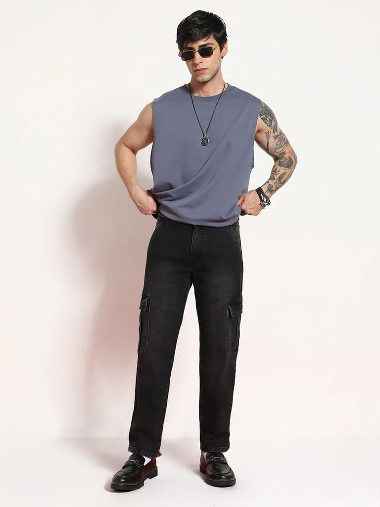Men's Black Regular Fit Washed Cargo Jeans With 6 Pockets Stretchable — photo 5