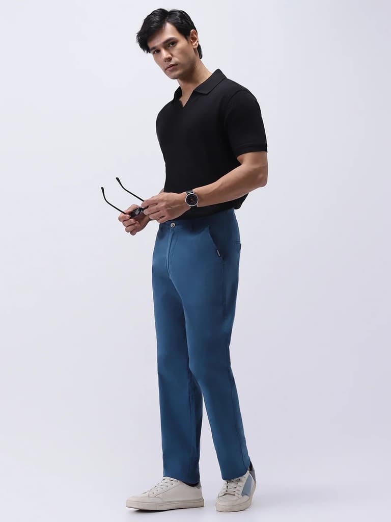 Men's Royal Blue Cotton Regular Fit Casual Chinos Trousers Stretch — photo 5