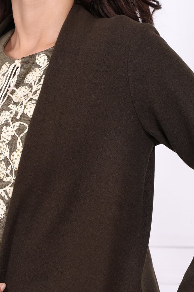 Olive Solid Embroidered Straight Coat — photo 2