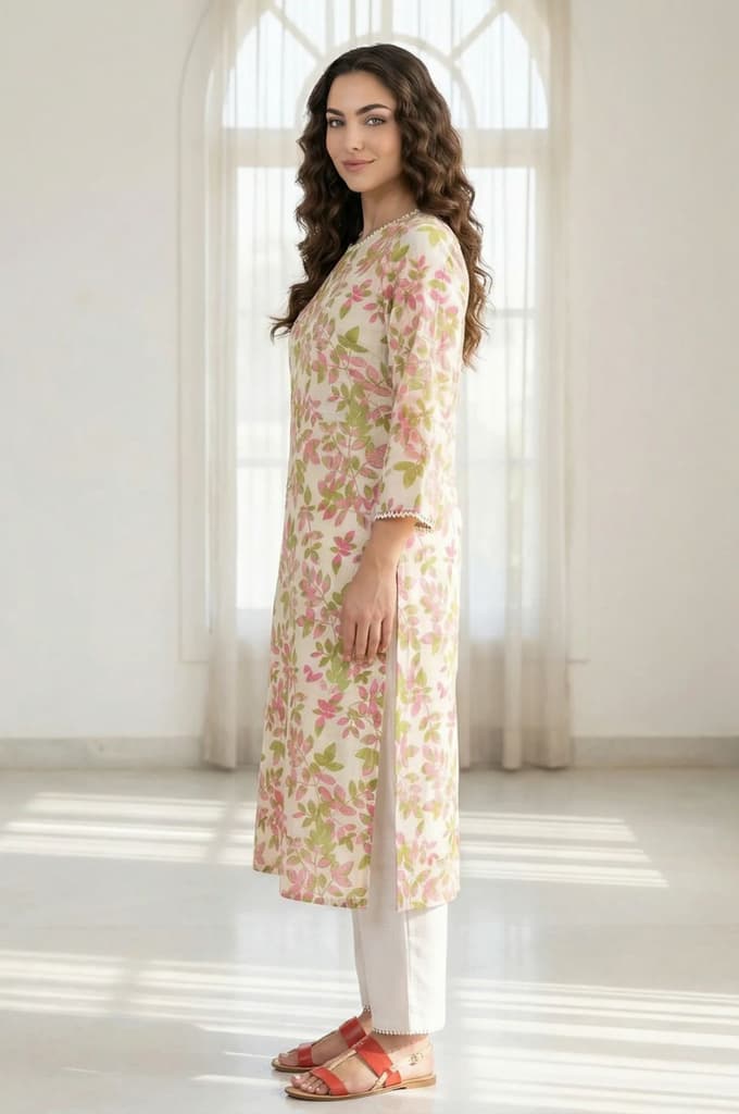 Off-White Floral Printed Pure Cotton Straight Kurta with Lace — photo 3