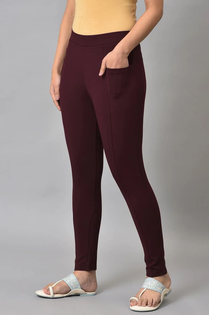 Maroon Solid Skinny Fit Yoga Tights With Elasticated Waistband — photo 3