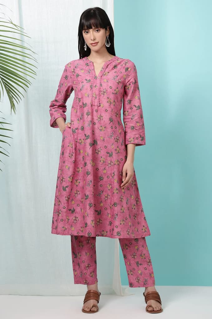 Pink Floral Printed Pure Cotton A-line Kurta and Pants Co-ord Set — photo 3