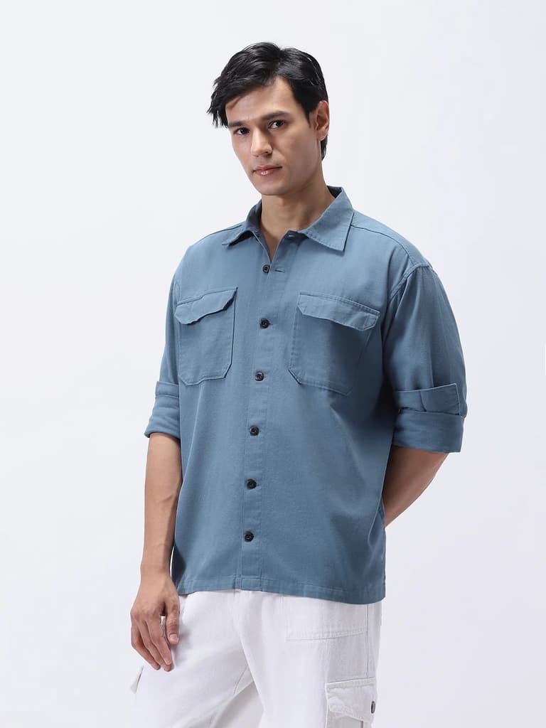 Men's Blue Cotton Full Sleeve Relaxed Fit Shacket with Utility Pockets — photo 3