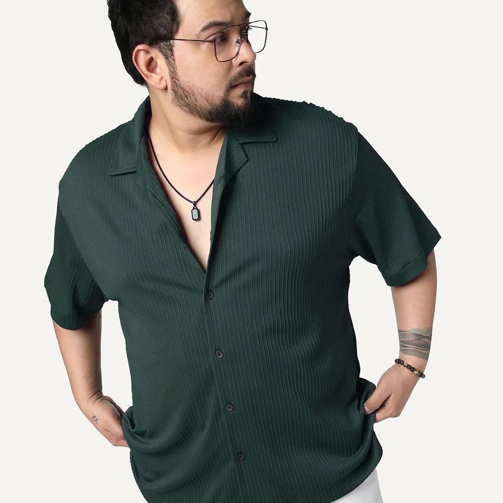 Plus Men's Dark Green Cotton Half Sleeve Oversized Fit Textured Shirt with Cuban Collar
