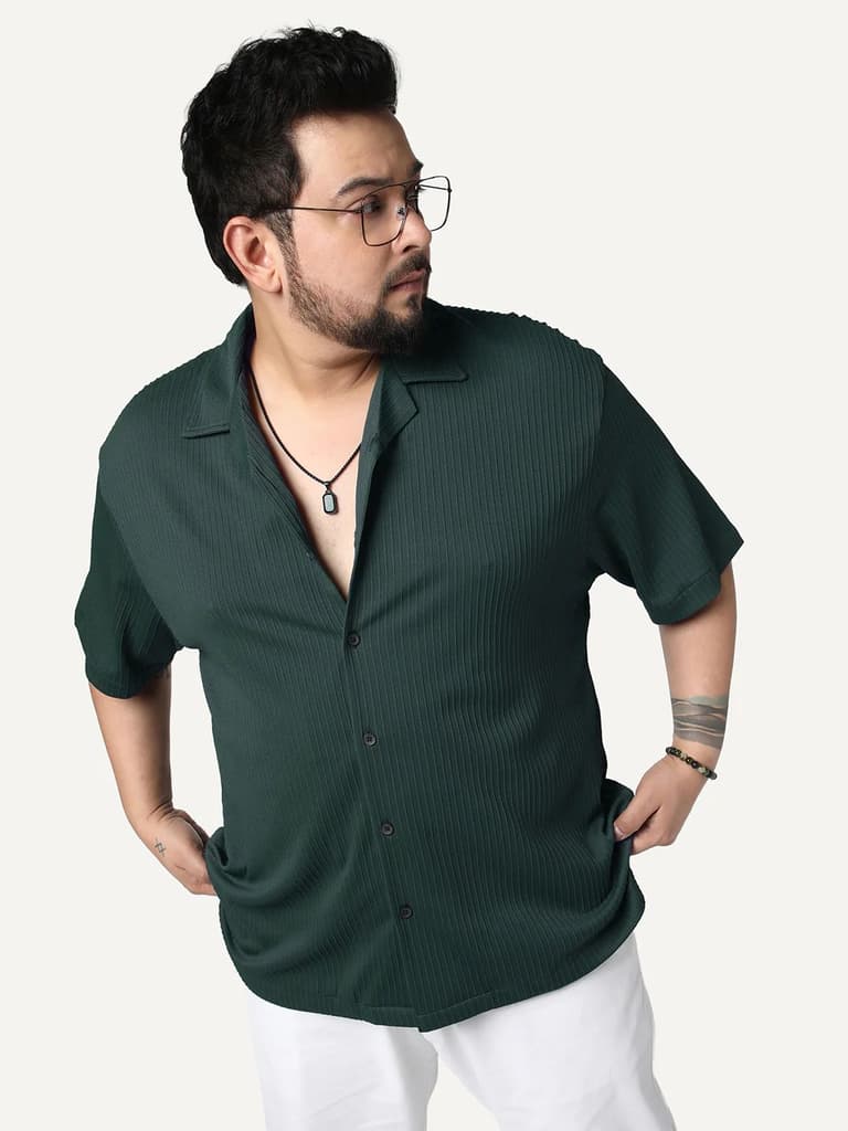 Plus Men's Dark Green Cotton Half Sleeve Oversized Fit Textured Shirt with Cuban Collar — 2XL / Dark Green