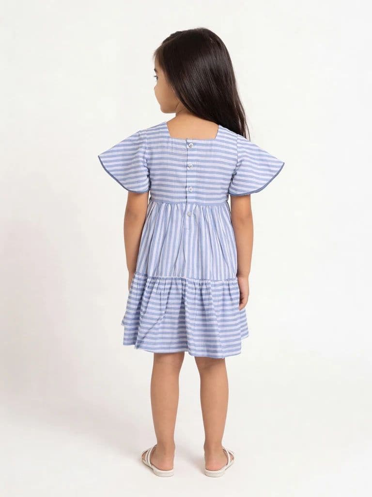 Utsa Kids Girls Blue Embroidered Tiered Cotton Dress - (2-8 yrs) — photo 2