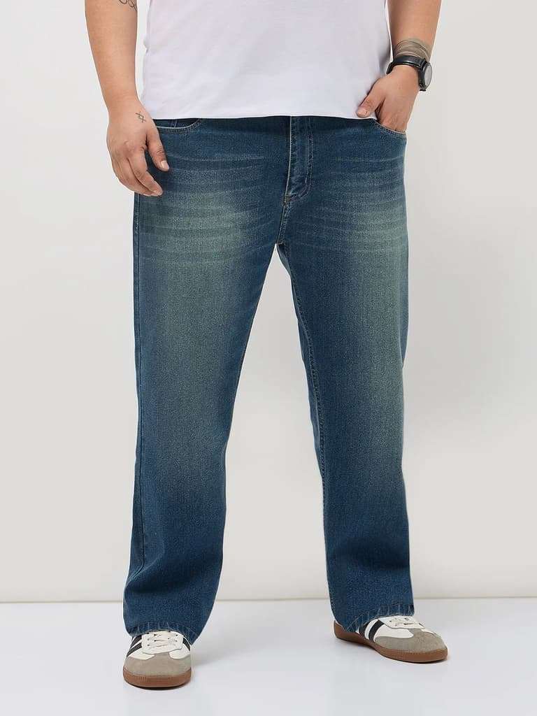 Plus Men's Light Blue Regular Fit Whisker Washed Yellow Tint Denim Jeans Stretchable — 36 / Light Blue