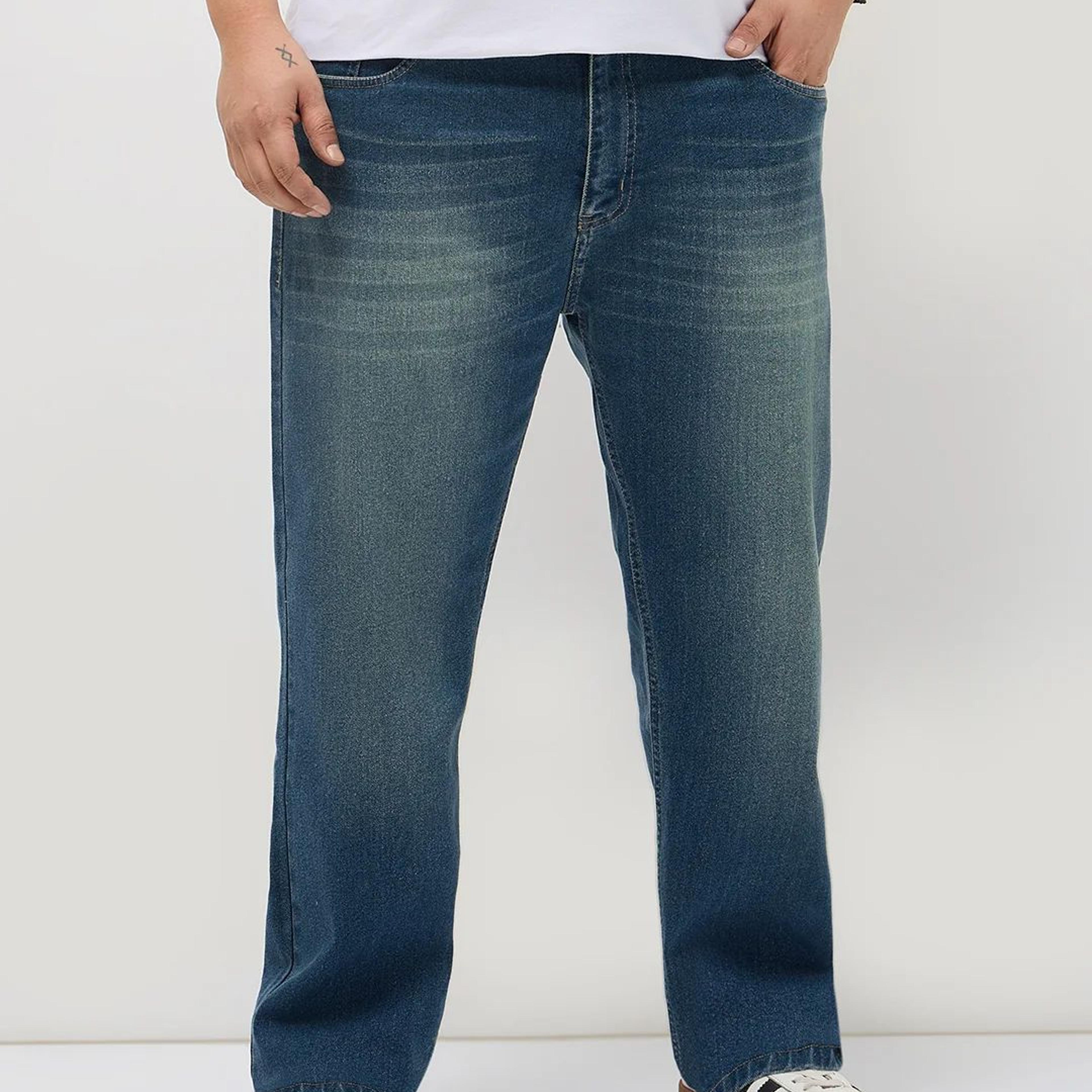 Plus Men's Light Blue Regular Fit Whisker Washed Yellow Tint Denim Jeans Stretchable