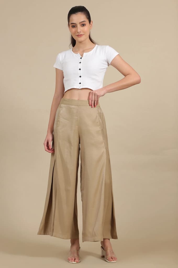 Gold Solid Flared Rayon Palazzo With Pleated Detail — photo 5