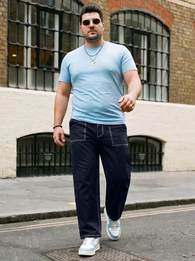 Plus Men's Dark Blue Loose Baggy Fit Washed Denim Jeans Non-Stretchable — photo 4
