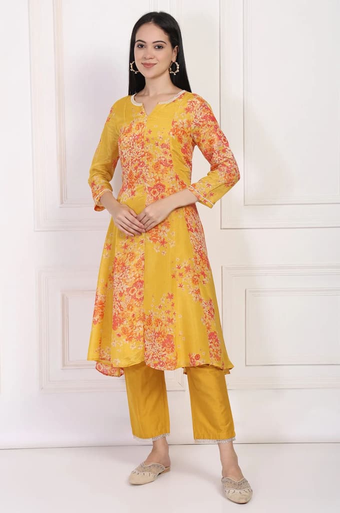 Yellow Floral Printed Beaded A-Line Tissue Kurta with Straight Pant Set — photo 2
