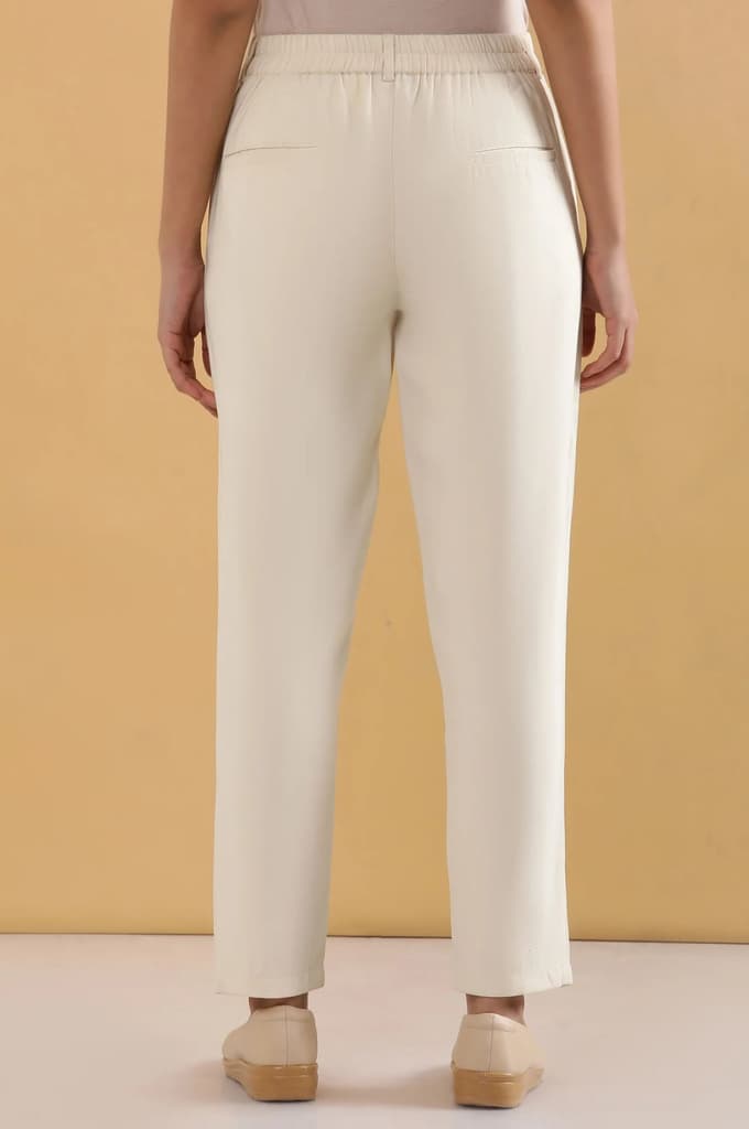 Cream Solid Tapered Rayon Trouser — photo 4