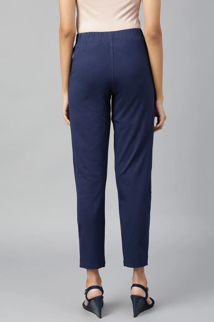 Navy Blue Solid Flared Cotton Pants With Elasticated Waist — photo 3