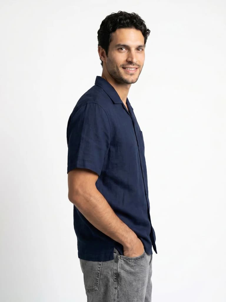 Men's Navy Linen Half Sleeve Oversized Fit Shirt with Cuban Collar — photo 2