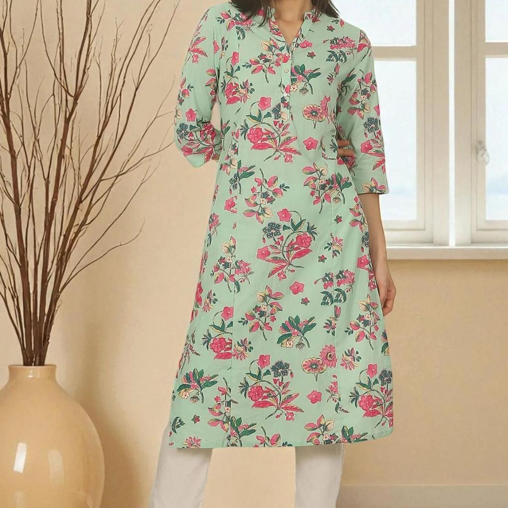 Mint Green Floral Printed Cotton Straight Kurta