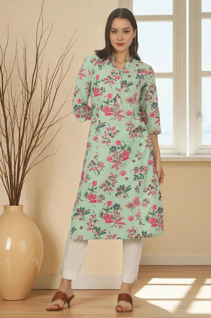 Mint Green Floral Printed Cotton Straight Kurta — XS