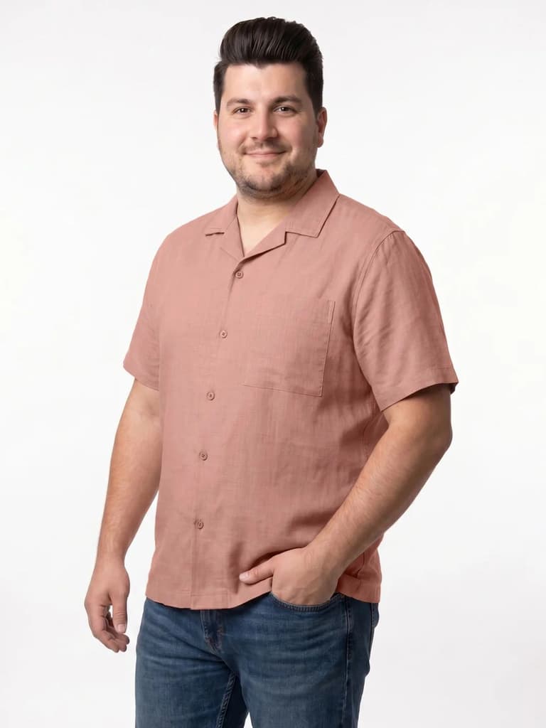 Plus Men's Dusty Pink Linen Half Sleeve Oversized Fit Shirt with Cuban Collar — photo 2