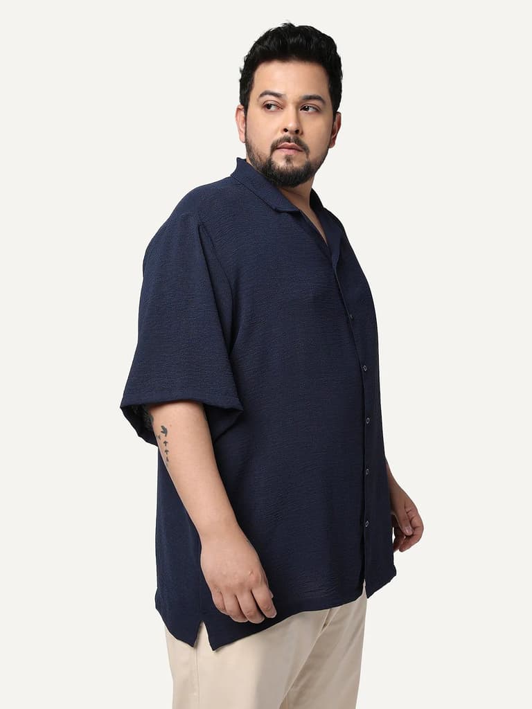 Plus Men's Navy Cotton Half Sleeve Relaxed Fit Textured Shirt with Cuban Collar — photo 2